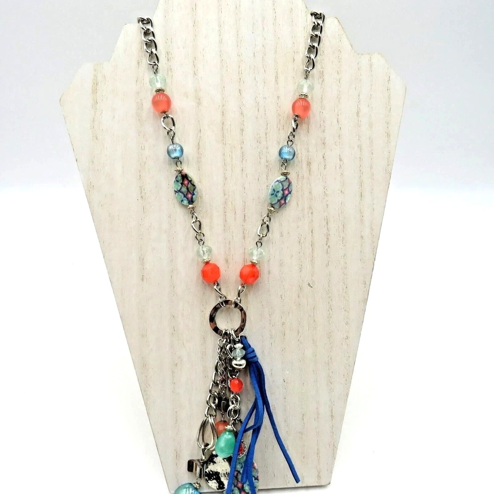 Chicos Long Pendant Necklace Multicolor Beaded Silver Tone Tassel Boho